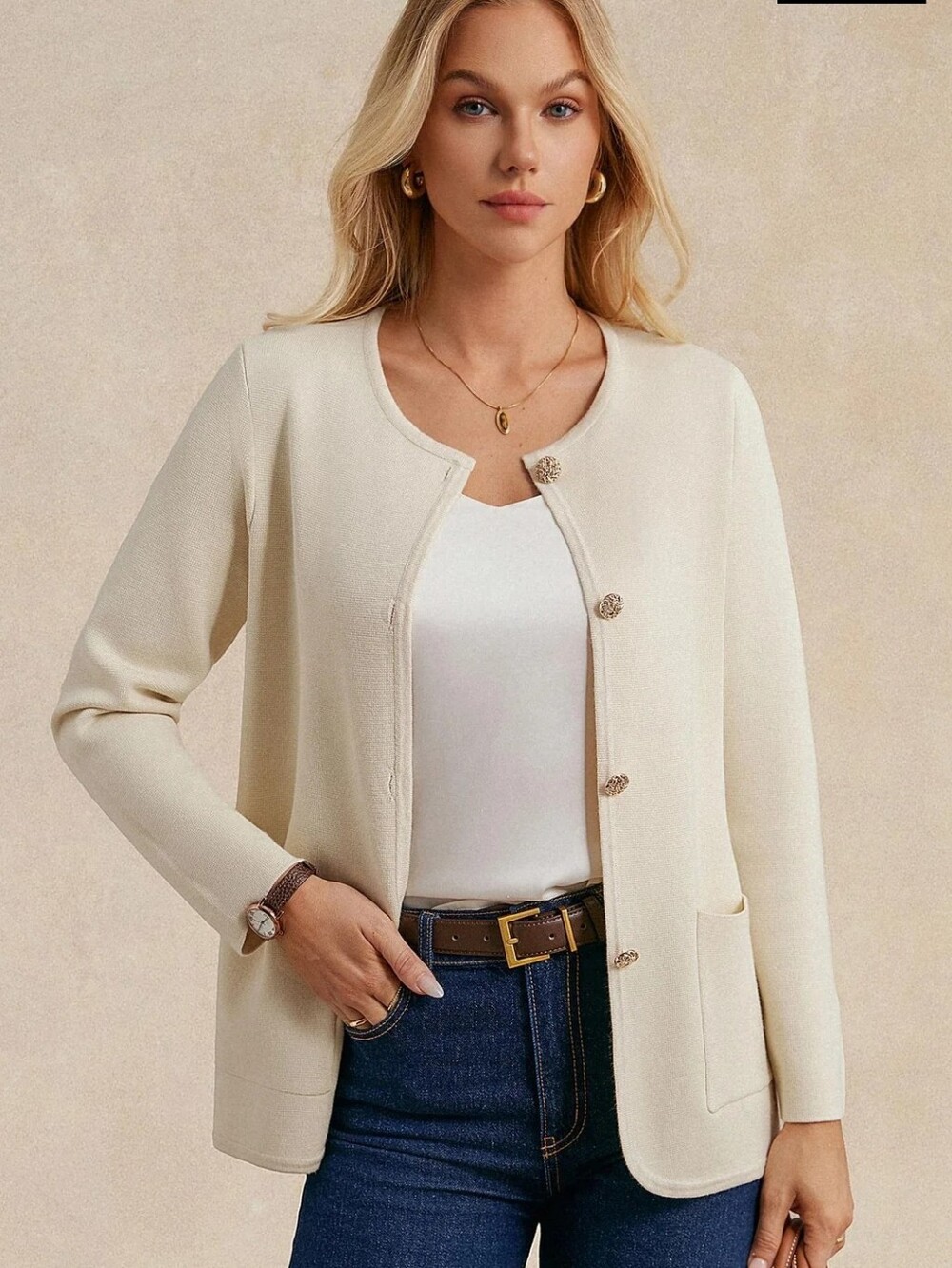 Grace Karin Cream Round-Neck Button Front Cardigan/ BNWT